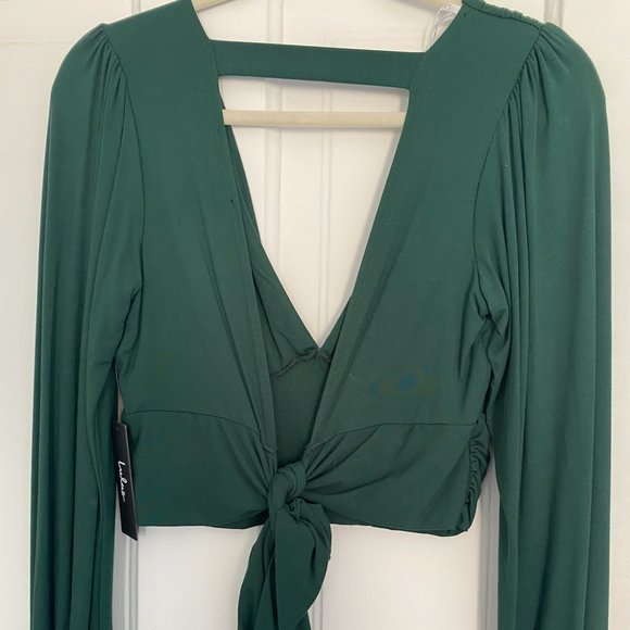 NWT- Emerald Green Long Sleeve Tie-Back Crop Top- Size M - Picture 3 of 5